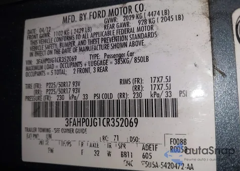 2012 Ford Fusion Sel z USA, uszkodzony, nr VIN 3FAHP0JG1CR352069